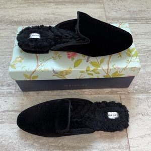BRAND NEW - Birdies The Phoebe Black Velvet Faux Fur Slip On Mules